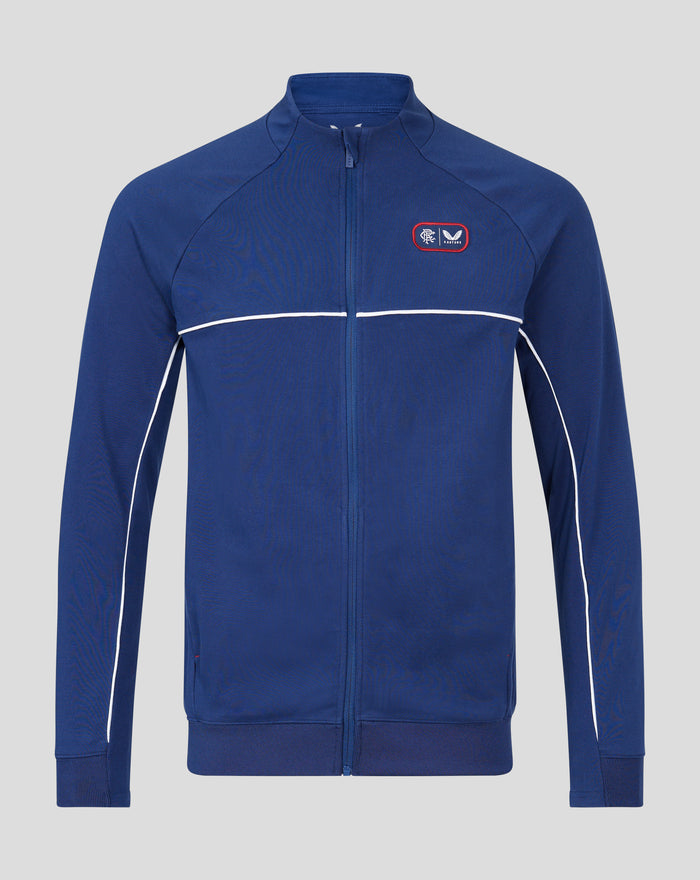 Blue RFC track suit top with front zipper and white piping across chest and a red bordered chest patch.