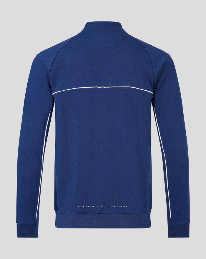 Back view of blue Mens RFC 24/25 tracksuit top with white chest piping