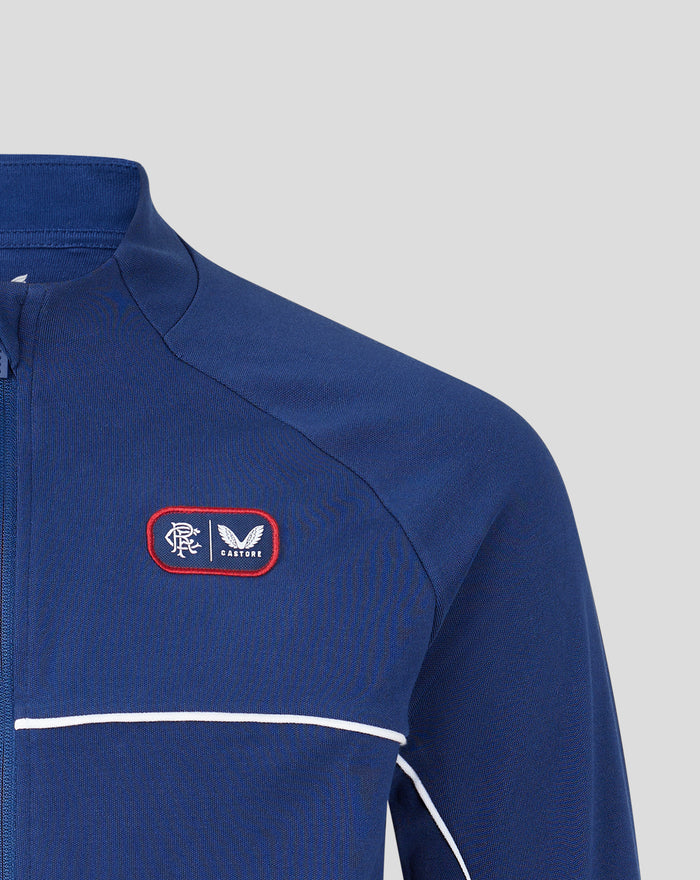 Collar and shoulder of the blue track suit top with visible stitching and zipper.