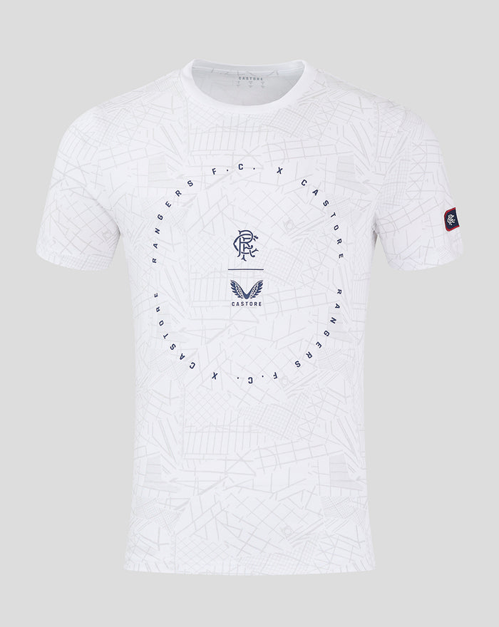 White mens 24/25 lifestyle T shirt with abstract geometric print and central chest emblem