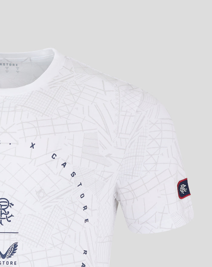 Close up of white men's lifestyle T shirt with subtle geometric line print and a Rangers crest patch on the sleeve.