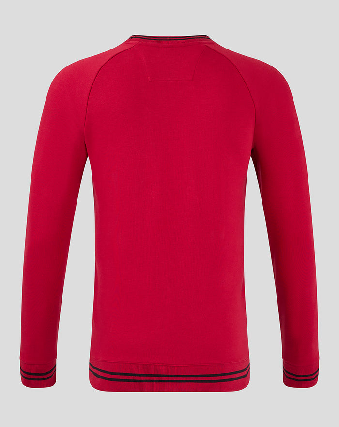 Back view of red men's fleece crewneck with black stripe trim at cuffs and hem