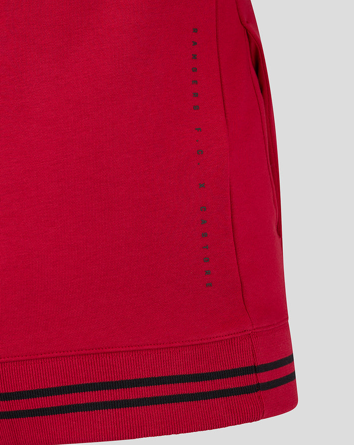 Close up of red fleece with vertical Rangers FC lettering along the side seam