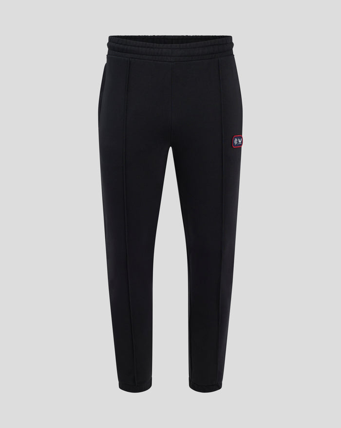 Front view of black Rangers FC joggers with an elastic waistband and a small badge on the left thigh