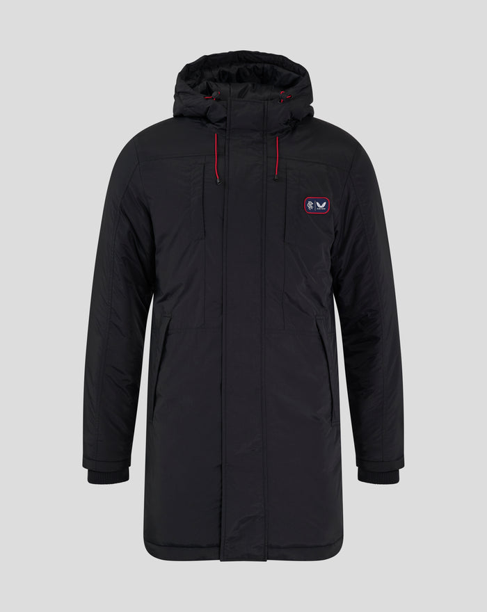 Black hooded winter jacket with crest patch on chest and red drawstrings.