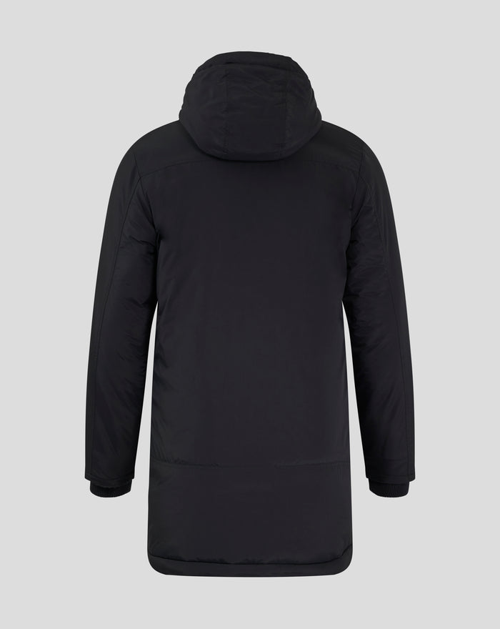 Back view of black men's winter jacket with hood