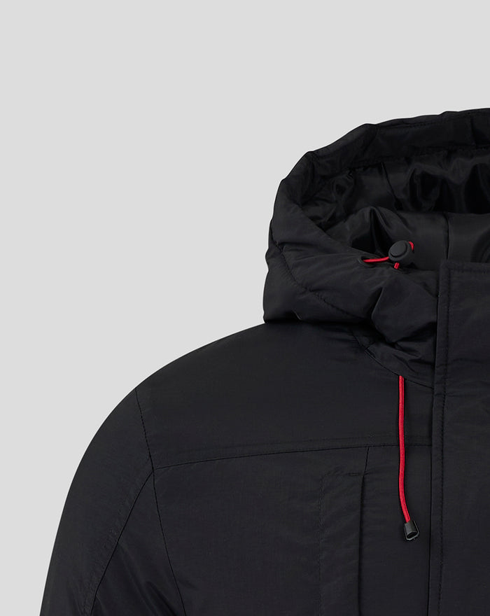 Hooded black jacket with red drawstrings and partial blue crest patch on the chest.