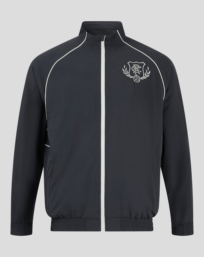 Navy Rangers windbreaker close up showing white piping along seams stand collar full length zipper left chest crest and side pockets