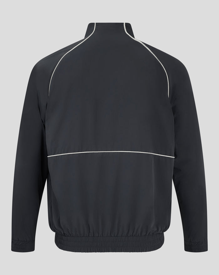 Back view of navy Rangers windbreaker with white piping along shoulders and hem