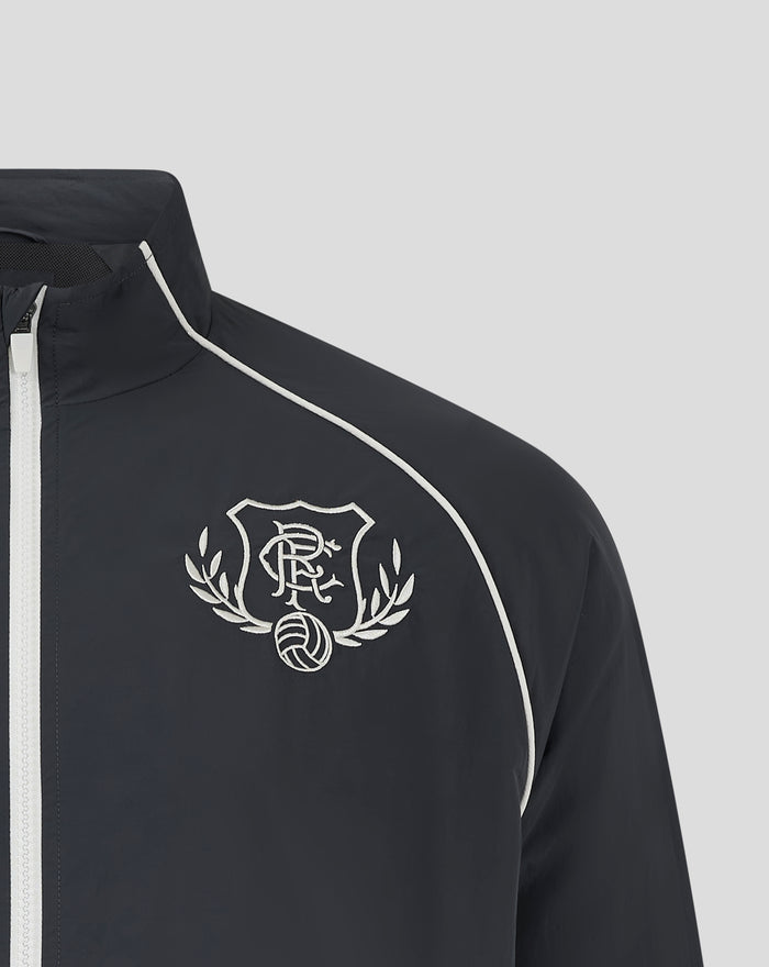 Close up of collar and shoulder area on navy Rangers windbreaker with white piping and visible zipper