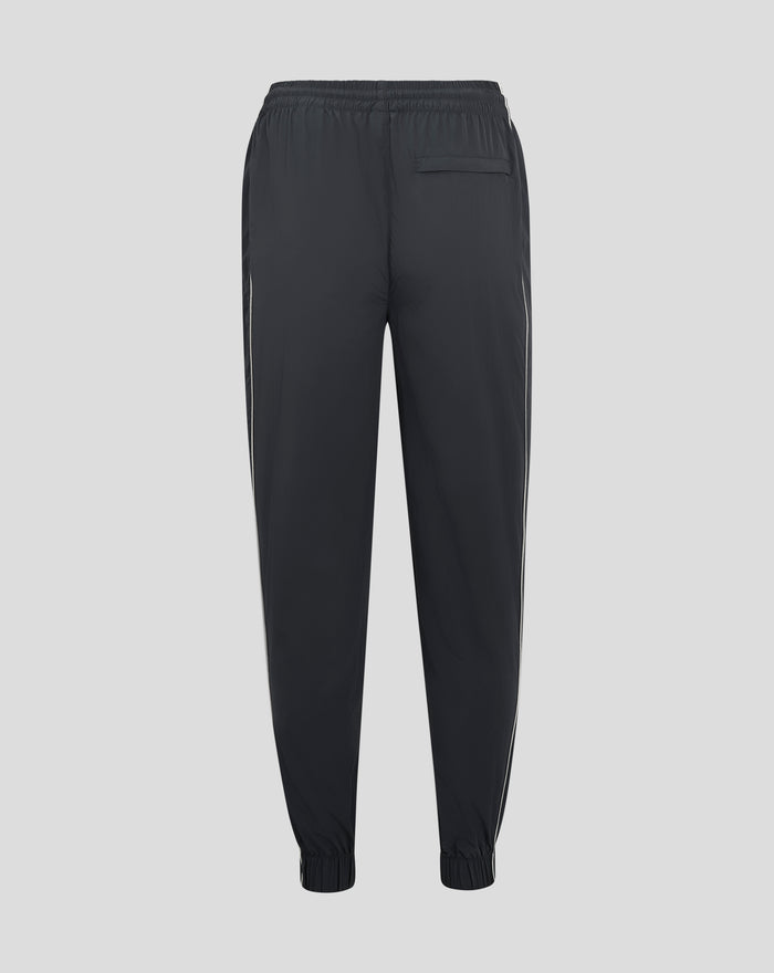 Lower leg view of dark Rangers FC tracksuit bottoms with white piping and embroidered crest near the hem.