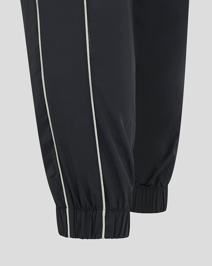Back view of dark Rangers FC tracksuit bottoms with elastic cuffs, welted back pocket, and white piping along the legs.