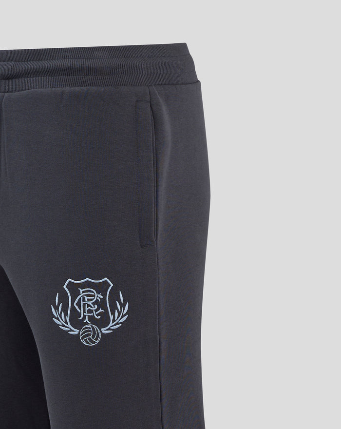 Back view of dark brown joggers showing elastic waistband, single back pocket and crest on the left thigh.