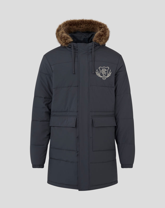 Front view of a navy Rangers FC contemporary parka with fur trimmed hood, chest crest and front pockets.