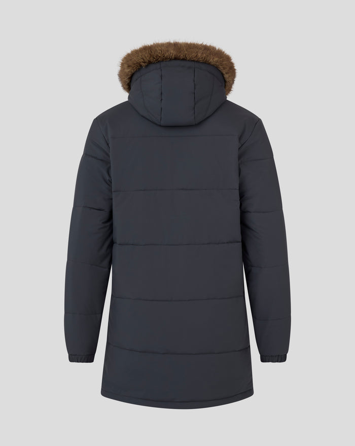 Back view of a navy Rangers FC contemporary parka with fur trimmed hood