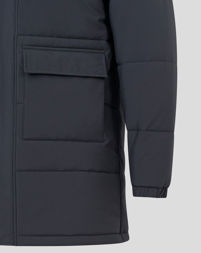 Detail of lower front pocket and sleeve on navy Rangers FC parka with quilted panels.
