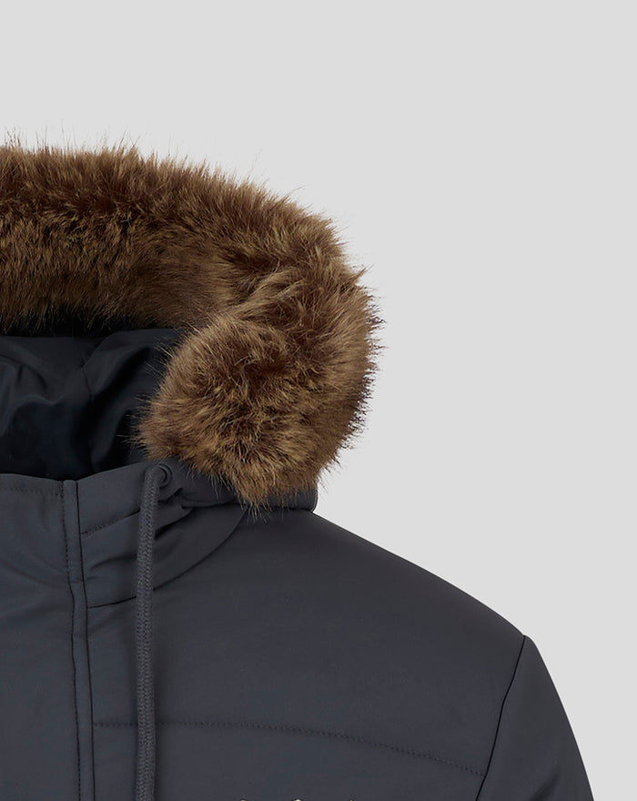 Close-up of the fur trimmed hood on a navy Rangers FC parka jacket