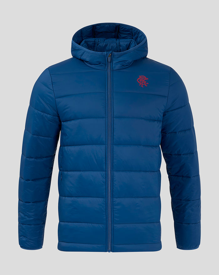 Front view of navy Rangers FC Core Fan Puffer Jacket with hood and full length zipper.