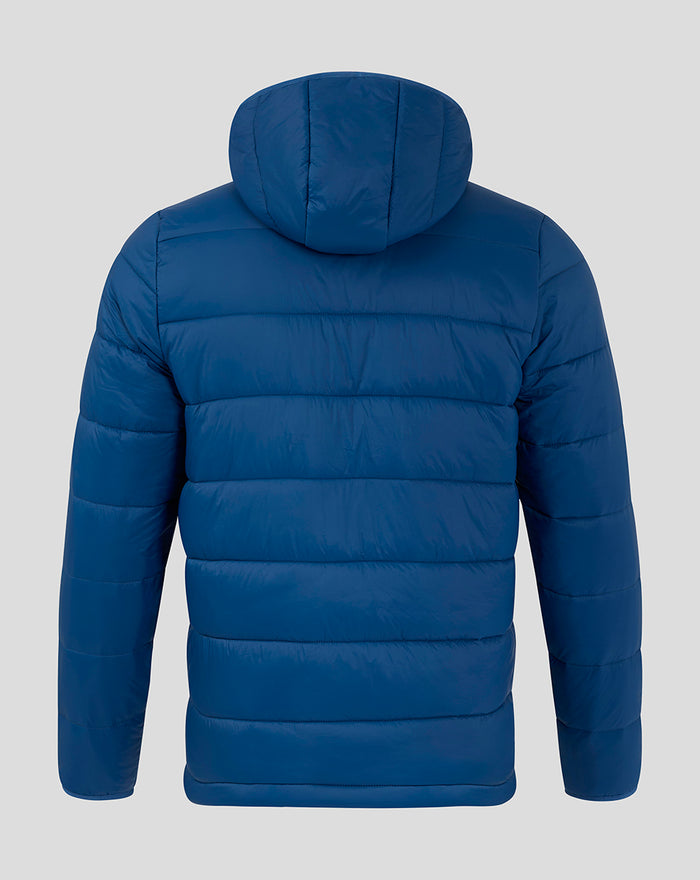 Back view of navy Rangers FC core long sleeve puffer jacket with hood and horizontal quilting