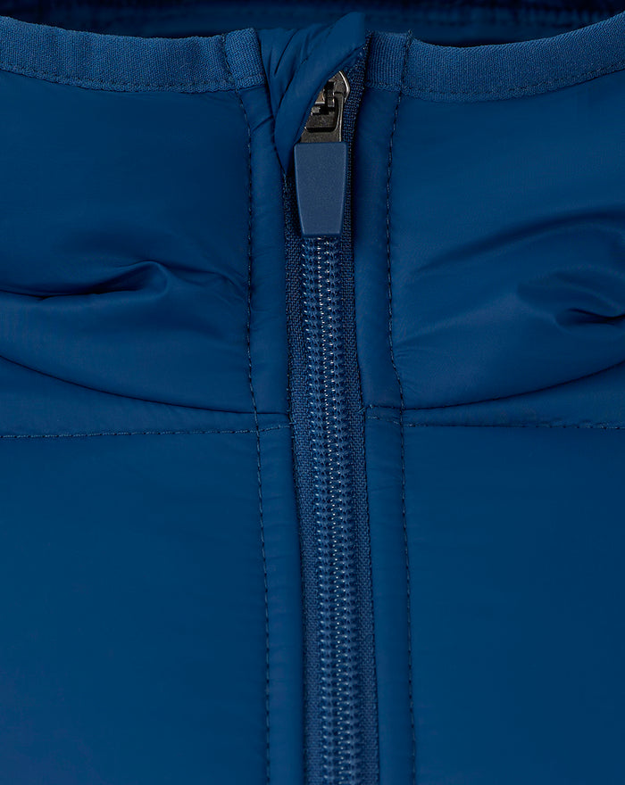Close-up of navy core men's puffer jacket zipper with hood and collar detail
