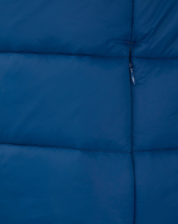 Close-up of navy puffer jacket chest area with zipper and quilted panels