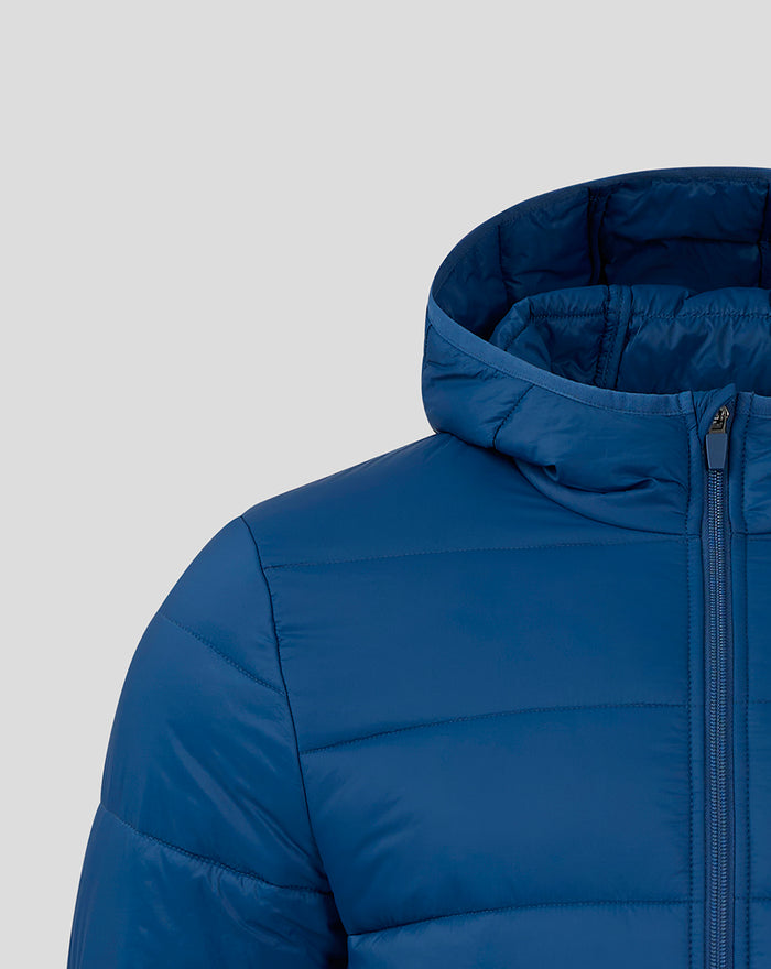 Close-up of navy puffer jacket hood and shoulder seam with stitching