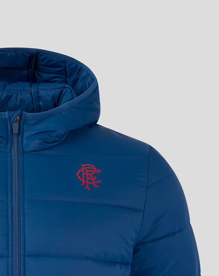 Red Rangers crest on the left chest of a navy puffer jacket.