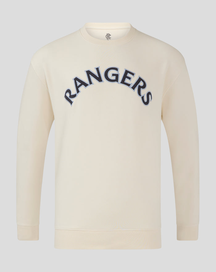 Cream Rangers FC sweatshirt close up with arched wordmark across the chest and crest at the neck