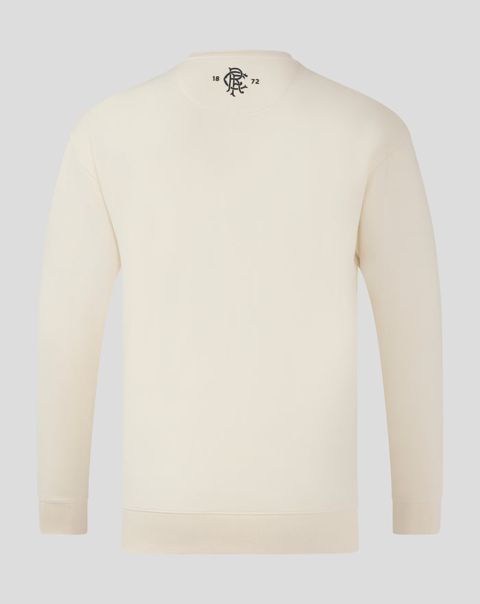 Back view of an off white Rangers FC sweatshirt with a crest at the nape and 1872 detail