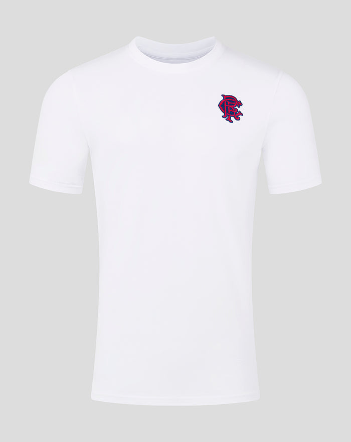 White men's crew neck T shirt with blue and red Rangers crest embroidered on the chest