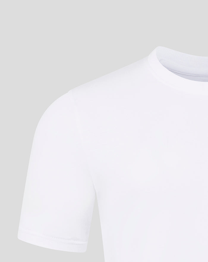 Shoulder and neckline area of a white Rangers top with clean stitching