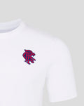 Close up of blue and red Rangers crest embroidered on a white T shirt