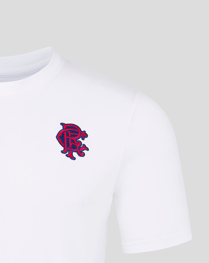 Close up of blue and red Rangers crest embroidered on a white T shirt
