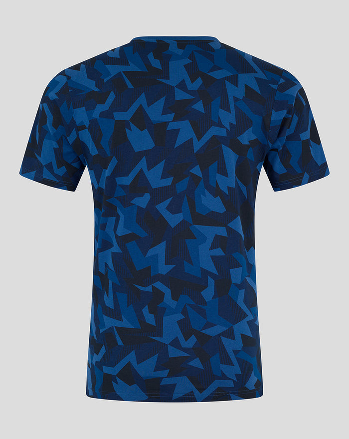 Back view of men's Rangers pyjama top in blue geometric pattern.