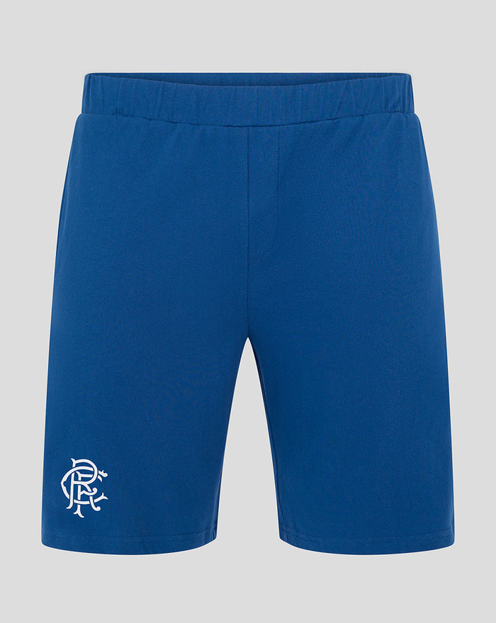 Front view of blue Rangers shorts with elastic waistband and crest on left thigh