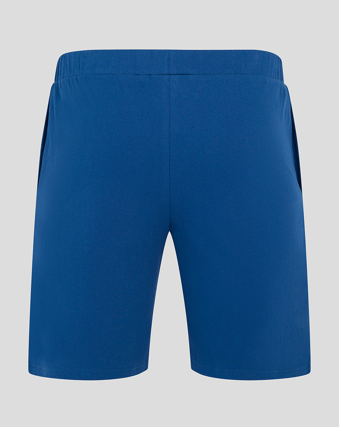 Back view of blue Rangers shorts with elastic waistband