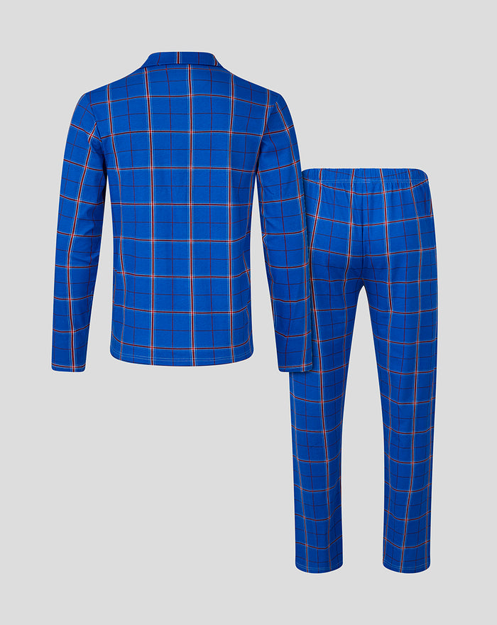 Back view of blue plaid Rangers men's pajama set with long sleeves and matching pants