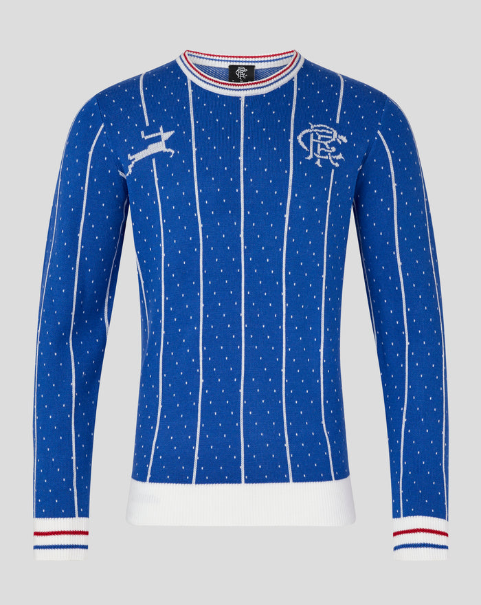 Front view of blue Rangers retro Christmas jumper with white vertical stripes snow dots and circular soccer ball motifs and white ribbed hem.