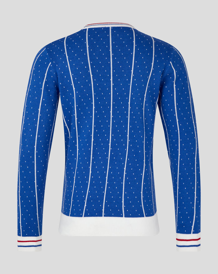 Back view of blue knit christmas jumper with white hem and striped cuffs on sleeves