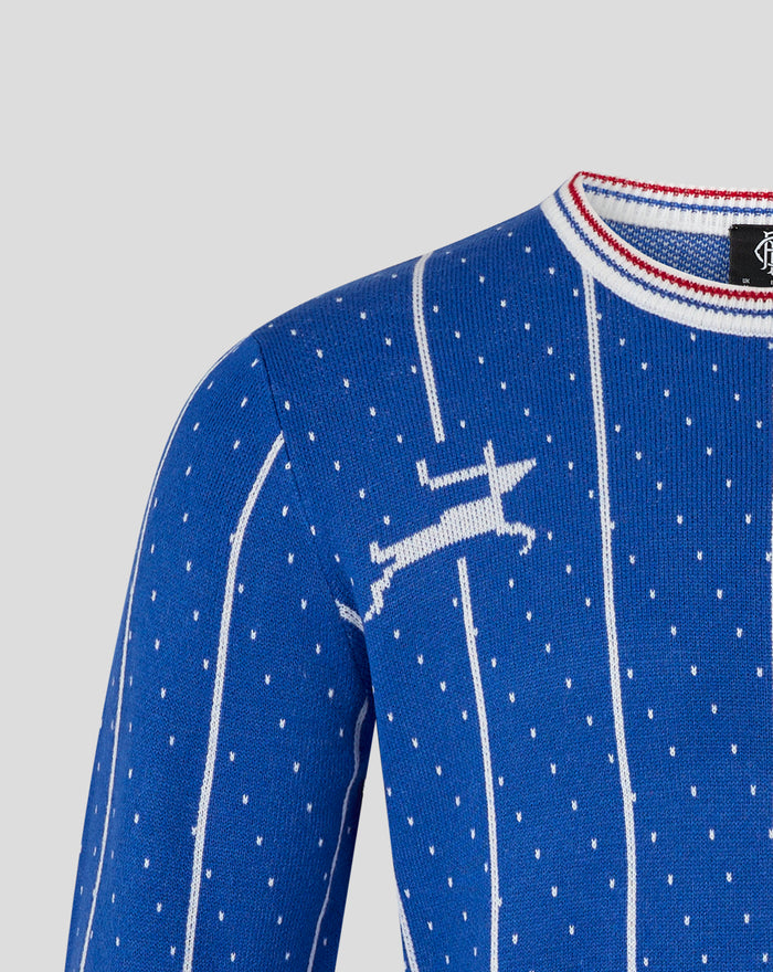 Back shoulder view of blue Rangers jumper showing neck label and red white blue rib trim at the collar