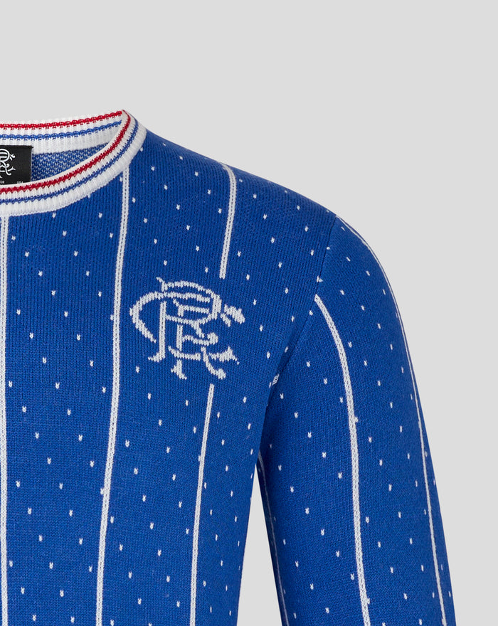 Rangers 24/25 retro Christmas jumper close up of blue knit with white dotted pattern and red white blue striped collar