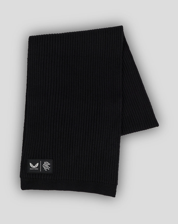 Rangers Club scarf in black rib knit folded with a small rectangular patch showing Castore and club logos