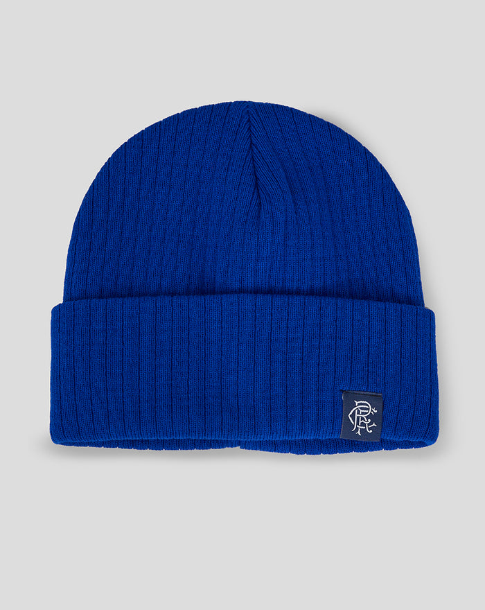 Club Generic beanie in royal blue with ribbed foldover cuff and small logo patch