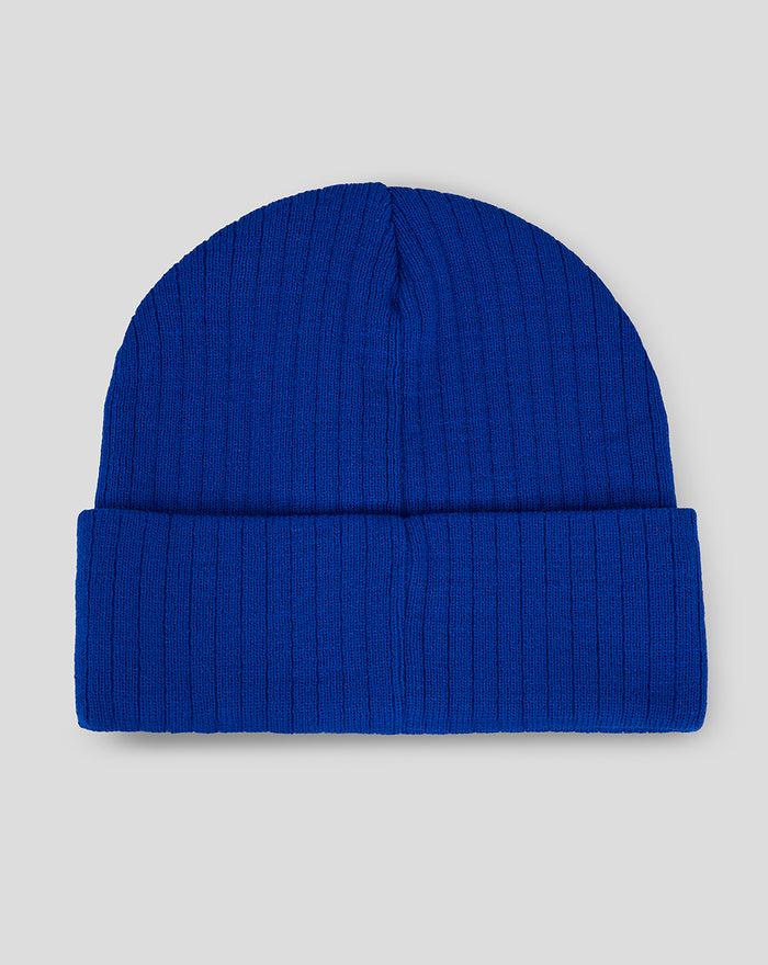 Royal blue knit beanie with a wide folded cuff.