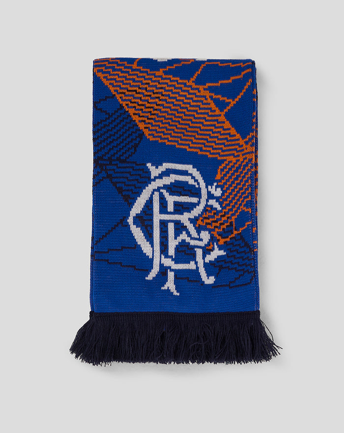 Club Matchday scarf in royal blue with orange geometric pattern and white emblem, fringed ends.