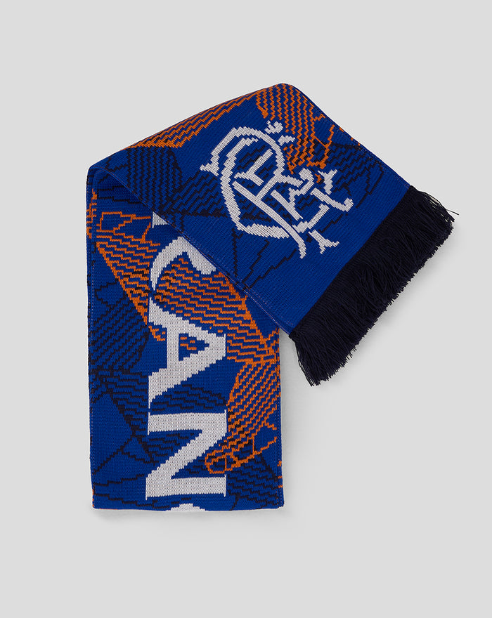 Club Matchday scarf with bold blue base orange pattern and white logo, fringed ends.