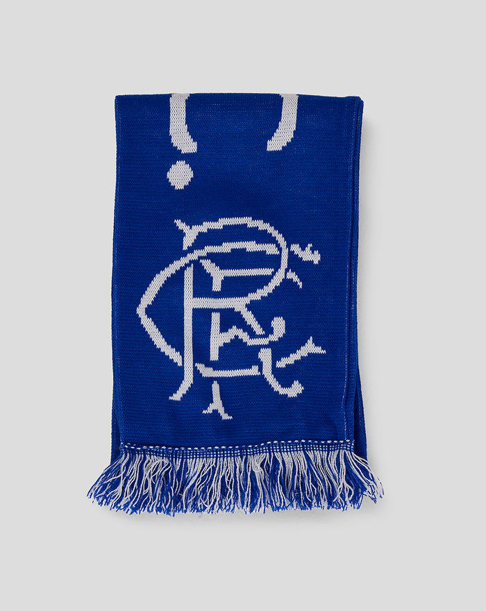Club scarf in deep blue with large white graphic design and fringed ends.