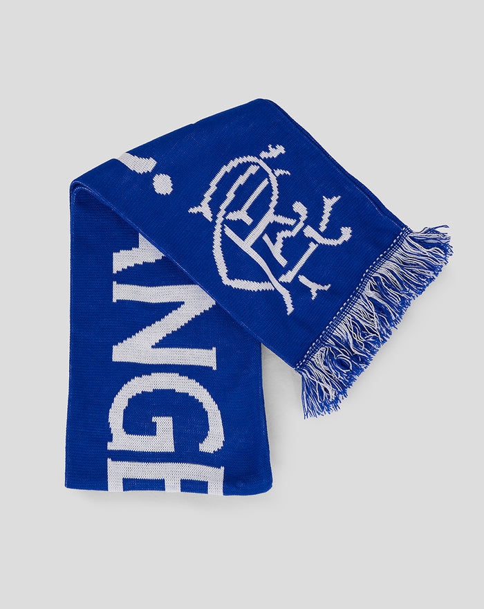 Royal blue club scarf with bold white lettering and a fringed end