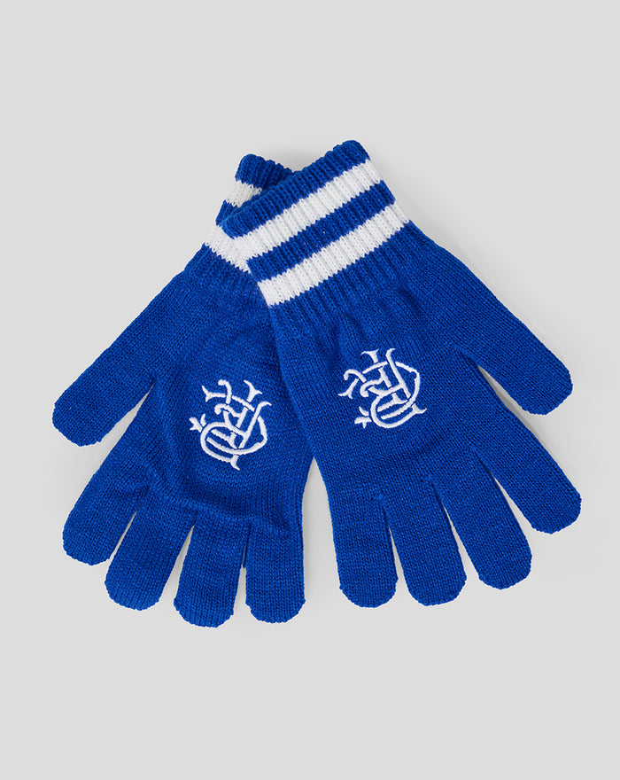 Royal blue knitted gloves with white striped cuffs and a white embroidered emblem