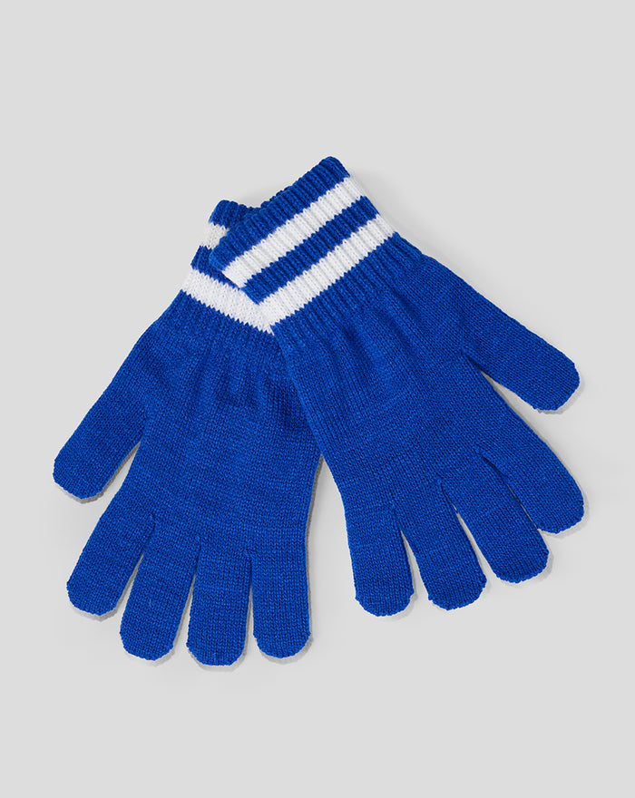 Pair of royal blue knitted gloves with white striped cuffs displayed together